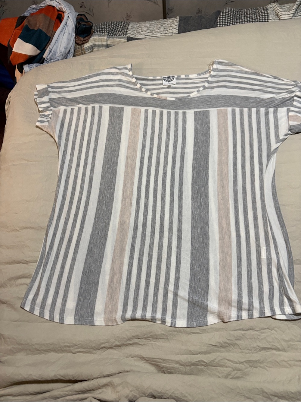 Women's Short-Sleeve Striped Knit Top in Gray, White & Tan